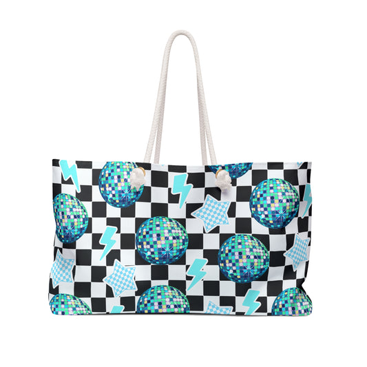 Checkerboard Neon Disco Ball Weekender Bag – Retro Party Travel Tote with Rope Handles