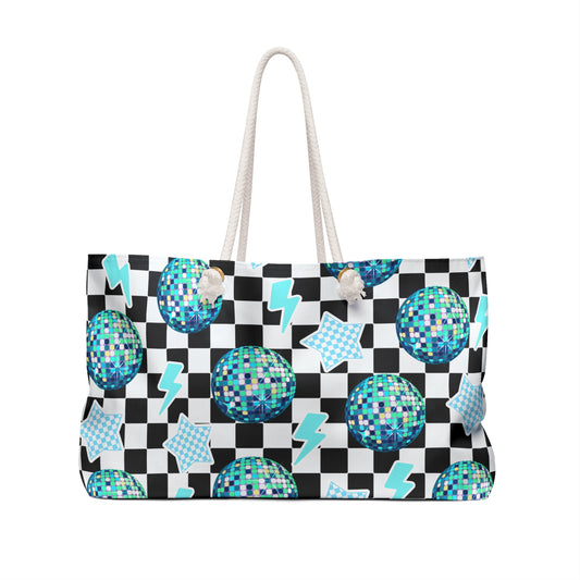 Checkerboard Neon Disco Ball Weekender Bag – Retro Party Travel Tote with Rope Handles