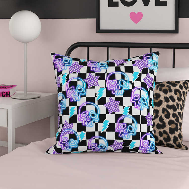 Neon Skull Throw Pillow, Edgy Home Decor, Gothic Accent Cushion, Halloween Pillow, Skull Pattern Cushion, Stylish Sofa Decor