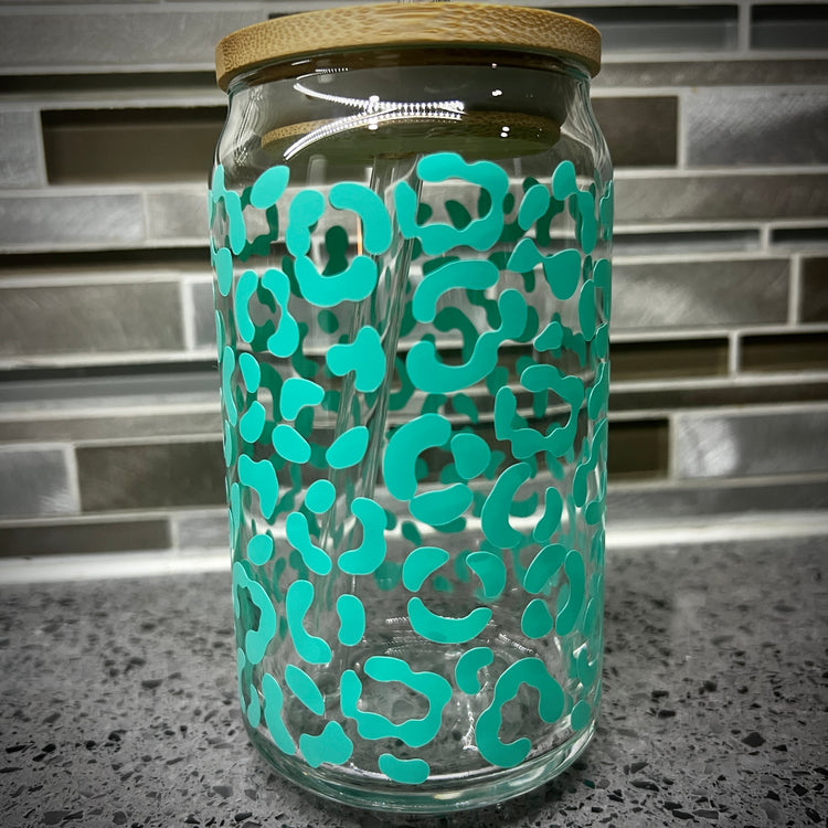 Teal Leopard Pattern Glass Cup