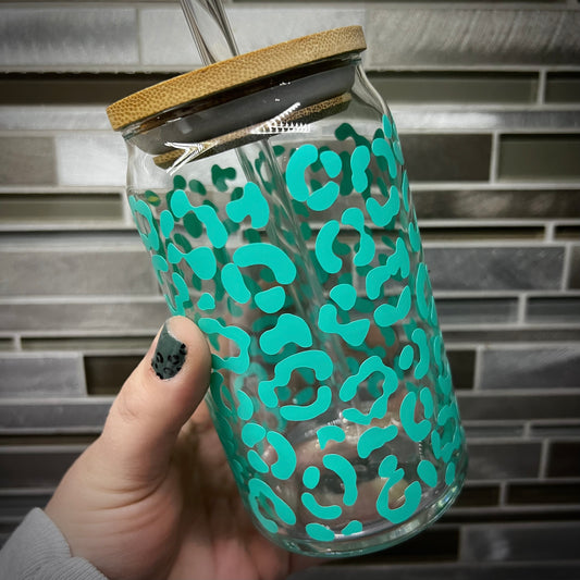 Teal Leopard Pattern Glass Cup